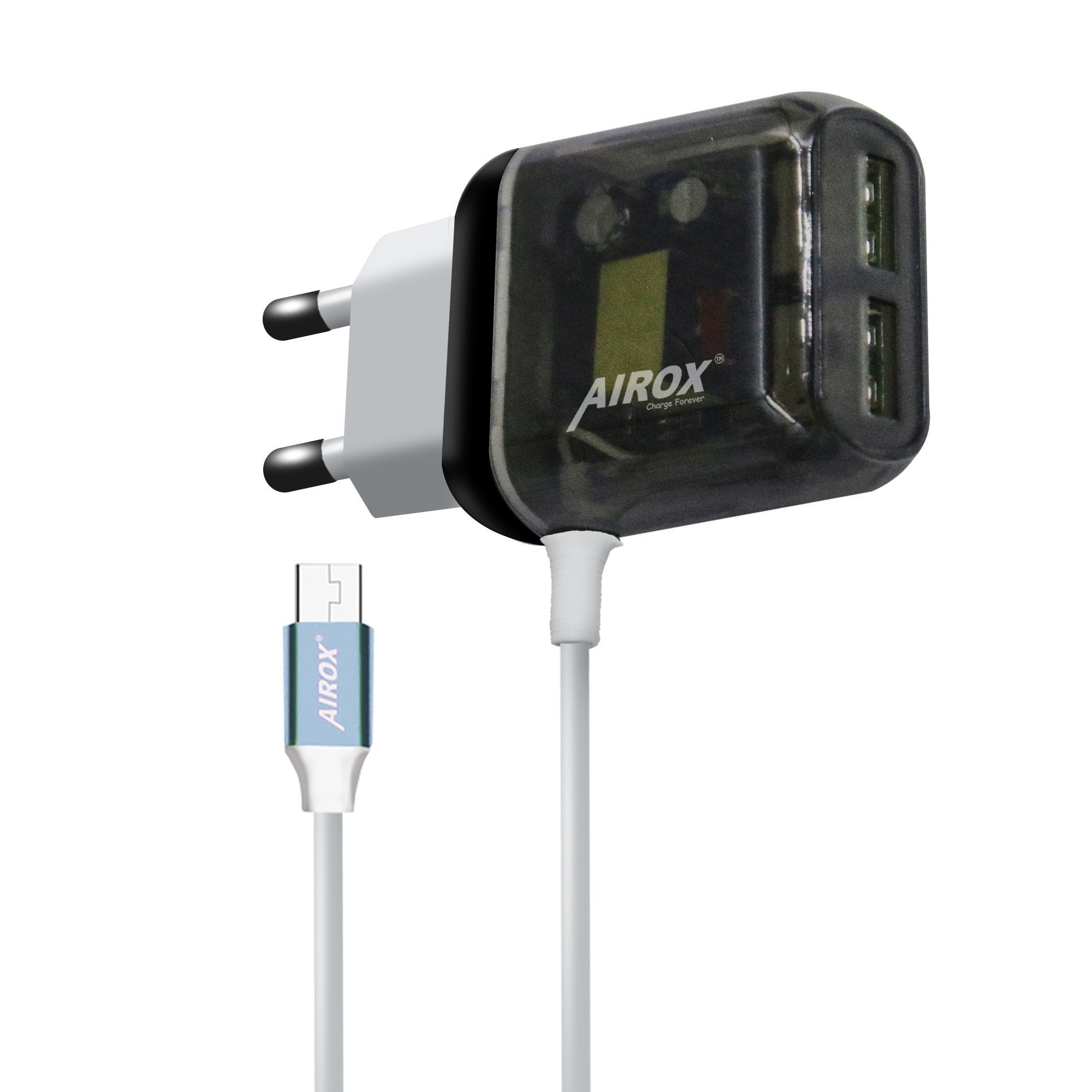 Airox CH35 Fast Charger - 2 USB Ports + 1 V8 Cable | Smart Output for Versatile Charging Airox.pk